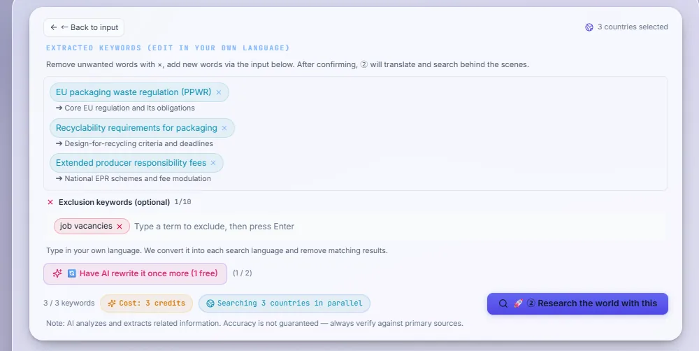 Check the keywords and run the search